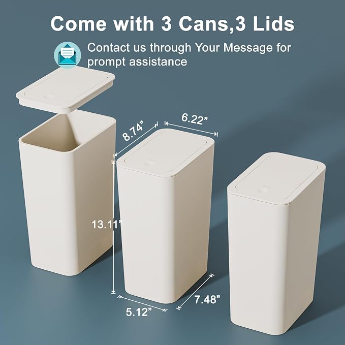 N. NETDOT 3 Pack 10L / 2.6 Gallon Small Trash Can with Lid, Bathroom Garbage Can with Pop-Up Lid, Waste Basket for Bathroom, Kitchen, Bedroom, Powder Room, Craft Room, Office, College (Off White) - Image 7