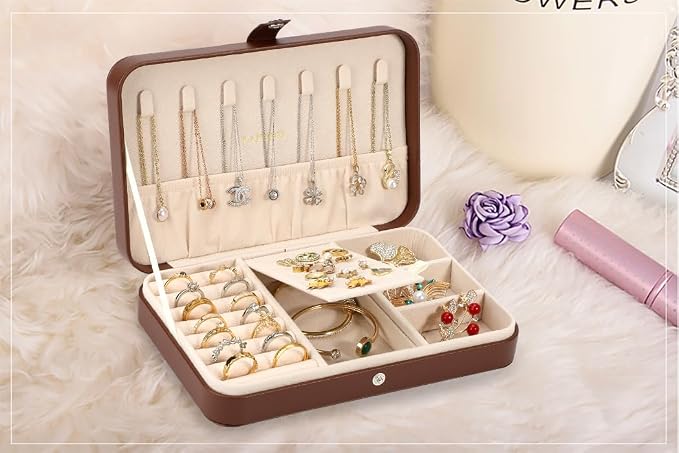 LANDICI Small Jewelry Box for Women Girls, PU Leather Travel Jewelry Case, Portable Jewelry Organizer Storage Holder Display for Ring Earrings Necklace Bracelet Bangle Men Kids Gift, Coffee - Image 7