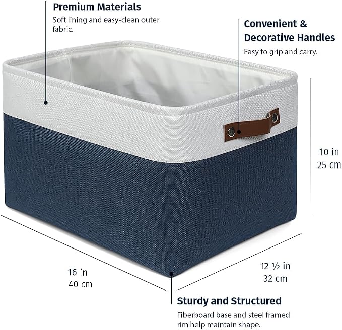OrganiHaus Extra Large Fabric Storage Baskets for Shelves 3 Pack, 16x13in Closet Storage Bins, Canvas Baskets for Organizing, Linen Closet Organizers, Cloth Basket, Navy Blue/Off-White - Image 2