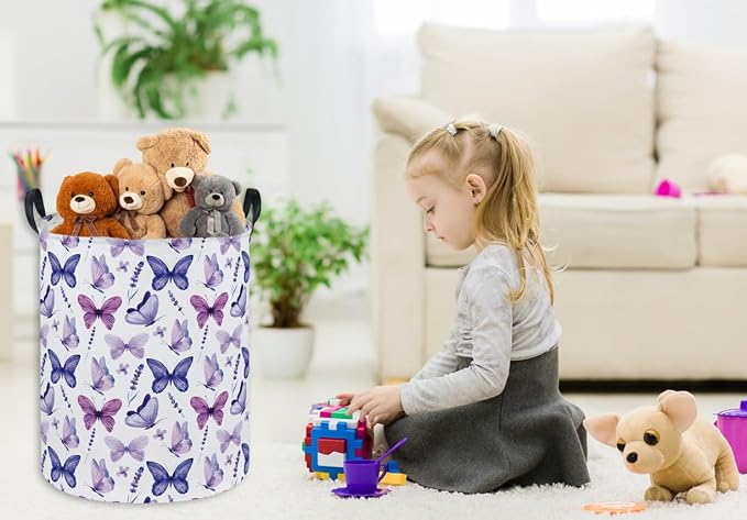 Butterfly Laundry Basket Kids Hamper for Nursery Boy and Girl Hamper Cute Kids Toys Storage Bin Organizer Room Decor for Home(Purple Butterfly) - Image 5