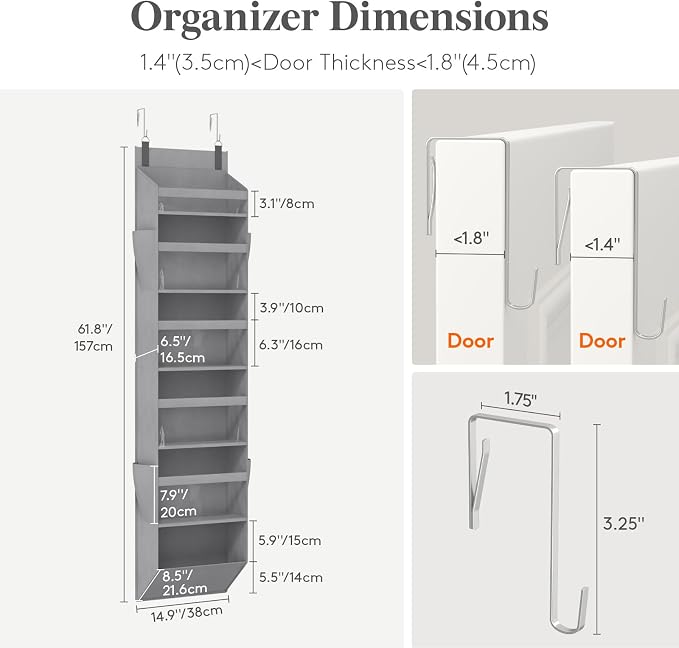 Lifewit 1 Pack Over the Door Organizer, 6 Section Clear Window Hanging Storage with 4 Side Pockets, Sturdy Anti Tilt 40 lbs Load Behind Door for Closet, Bedroom, Bathroom, Nursery, Dorm, Light Gray - Image 2