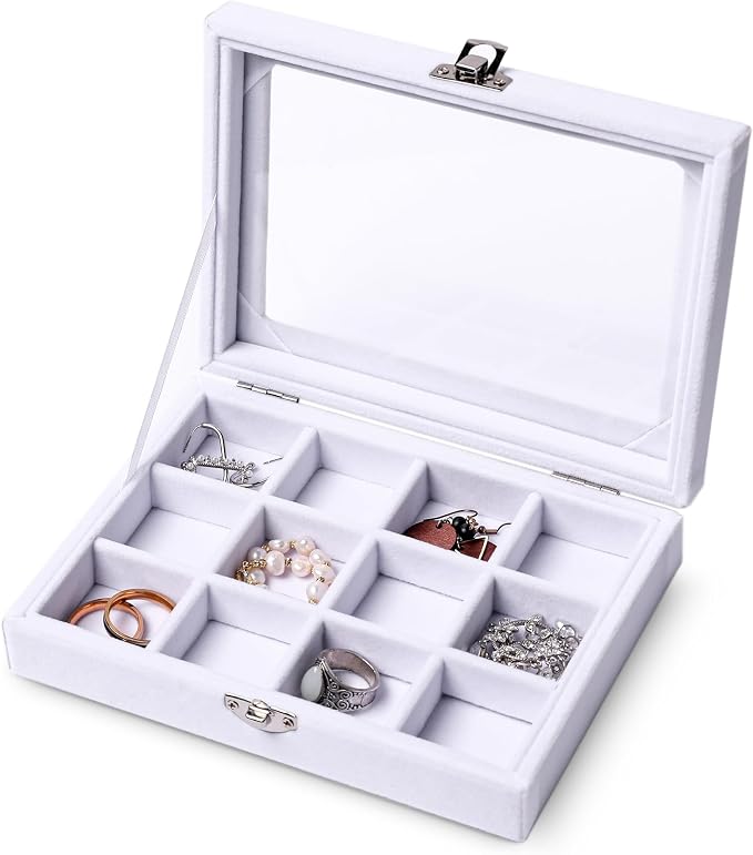 Frebeauty Jewelry Organizer Tray with Clear Lid 12 Grid Velvet Drawer Insert Jewelry Box with Transparent lid Jewelry Display Case Store Showcase Jewelry Box Gift for Women(White,12 Grid) by Frebeauty