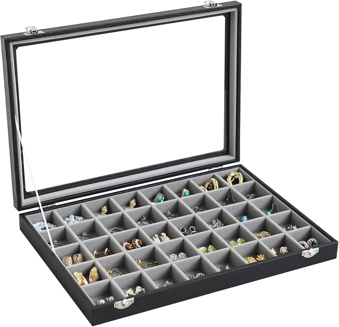 Stratalife Jewelry Organizer 40 Grid Gray Black Jewelry Tray with Clear Dust-proof Lid Velvet Earring Organizer Necklace Rings Holder Display Drawer Storage Case for Women by Stratalife