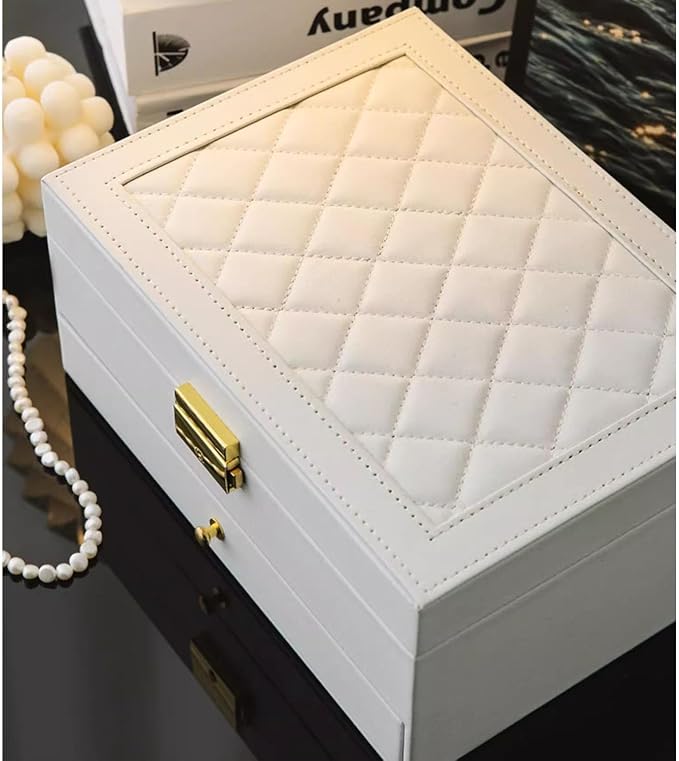 GUOER Jewelry Box for Women Girl Wife - Large PU Leather Jewelry Organizer Storage Case with Two Layers Display for Earrings Bracelets Rings Watches Mother's Day (White) - Image 7