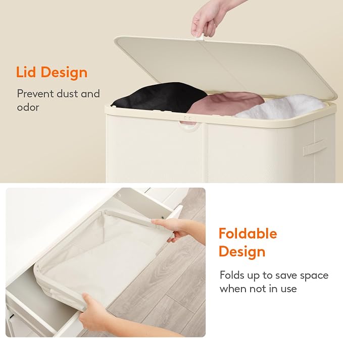 Lifewit 185L Large 3 Section Laundry Hamper with Lid, Plastic Laundry Basket with Bamboo Handles and Removable Bags, Tall Foldable Clothes Hamper for Bathroom Bedroom, White - Image 8