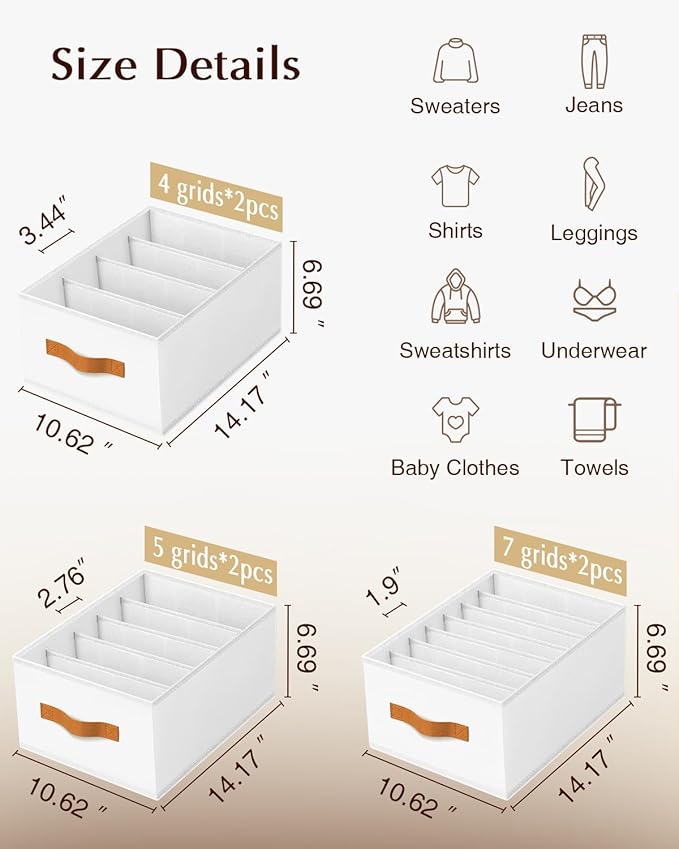 Homsorout Clothes Organizers and Storage - 4/5/7 Grids Fabric Jeans Organizer with Handles, Foldable Closet Organizers Dividers, Wardrobe organizer for Pant, Sweater, T-shirt, Scarf, 6 Pack, White - Image 7