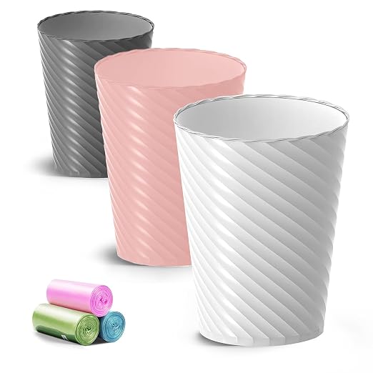 Bathroom Trash Can, 3 Pack 1.8 Gallons Small Trash Can with Trash Bags, Bathroom Garbage Can, Plastic Trash Bin, Round Waste Basket for Bedroom, Office, Room (White Pink Grey) by Lysam