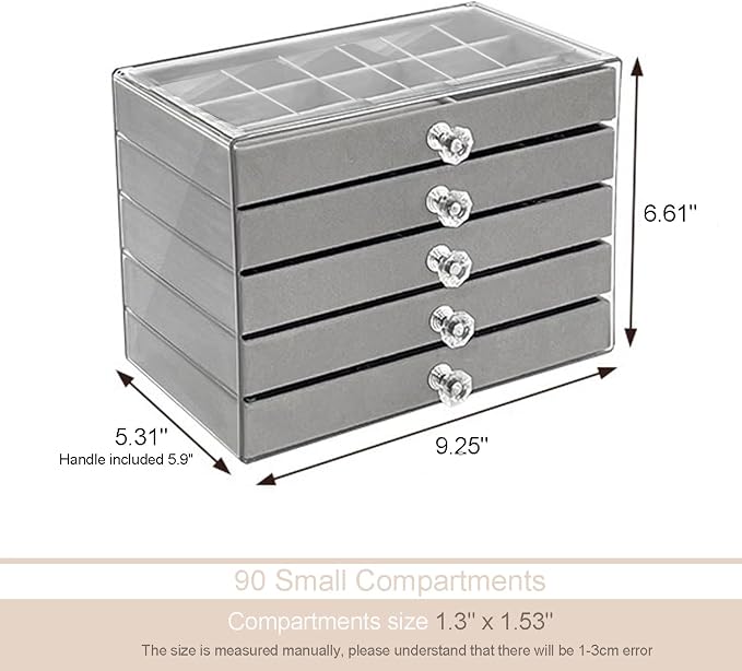 SPAKOWN Earring Box Holder Organizer Display Case, Clear Velvet Jewelry Storage Tray Organizer for Earring Ring Stud (Grey - 5 Drawers) - Image 6