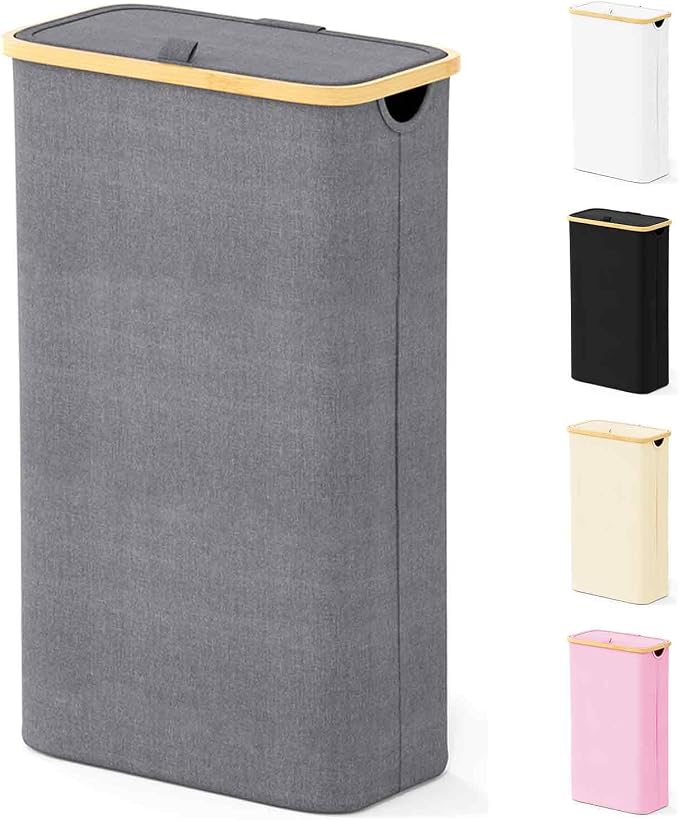 SpaceAid Slim Laundry Hamper with Lid, 65L Narrow Clothes Basket Bin with Bamboo Handles, Skinny Tall Collapsible Hamper for Bedroom, Bathroom, Dorm, Laundry Room - Grey by SpaceAid
