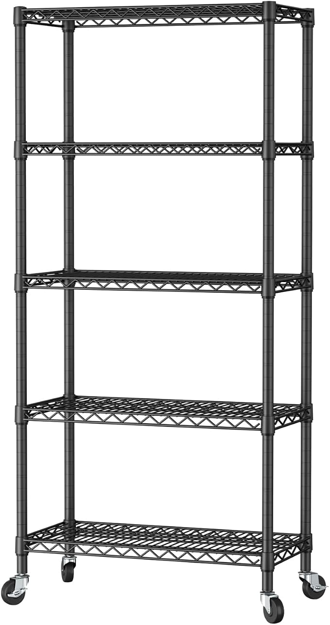 SINGAYE 5 Shelf Storage Wire Shelves Closet Bathroom Organizers Metal Pantry Kitchen Garage Shelving Unit Laundry Room Organization Home Narrow Rack Net Basket with Wheels Black - Image 7