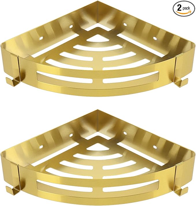 NearMoon Bathroom Corner Shelf Shower Caddy 2 Pack, No Drill 304 Stainless Steel Shower Organizer with 2 Hooks (Gold) by NearMoon