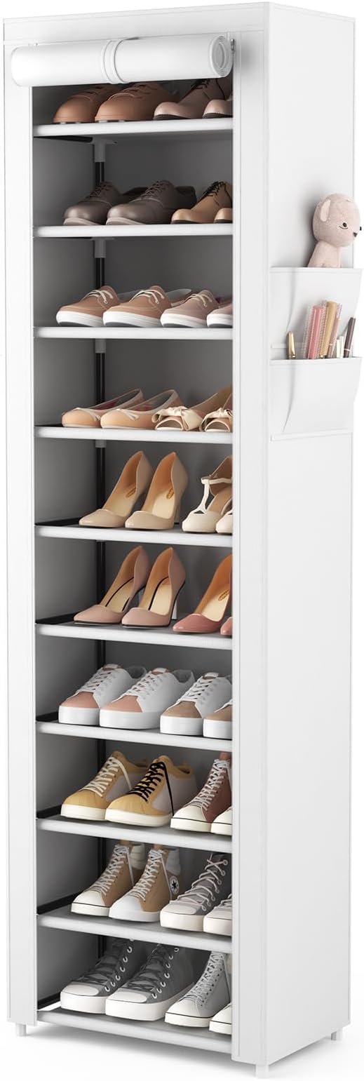 VTRIN Vertical Narrow Shoe Rack Organizer Tall Shoe Rack for Closet Entryway 10 Tier Non-Woven Cover Shoe Shelf Holds 20-22 Pairs Free Standing Shoe Storage Cabinet with Dustproof Cover, White by VTRIN