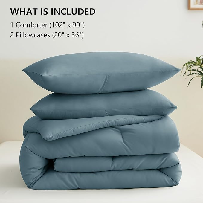 CozyLux King Size Comforter Set Mineral Blue, 3 Pieces Solid Comforters King Size Breathable Quilted Bedding Sets, Luxury Soft Lightweight Bed Set with Down Alternative Comforter and 2 Pillowcases