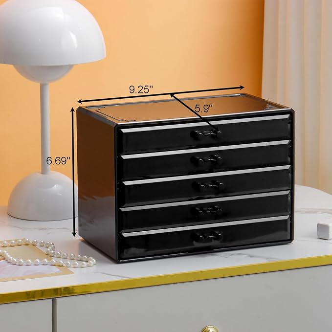 YUFONG Necklace Holder Organizer, Dustproof Necklace Box Velvet Necklace Organizer Box with Lid Clear Acrylic Dustproof Stackable Jewelry Displays for Necklaces Chain Display (Black Gray, 5 Drawer) - Image 6