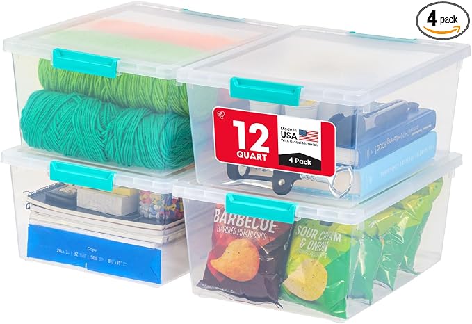 IRIS USA 12 Qt. Craft Storage Bins with Lids, 4-Pack, |Made in USA|, Clip Box, Medium Plastic Sensory Bin Tote Organizer Containers for Art Supplies, Paper, & Office, Stackable - Clear/Seafoam Blue by IRISUSA