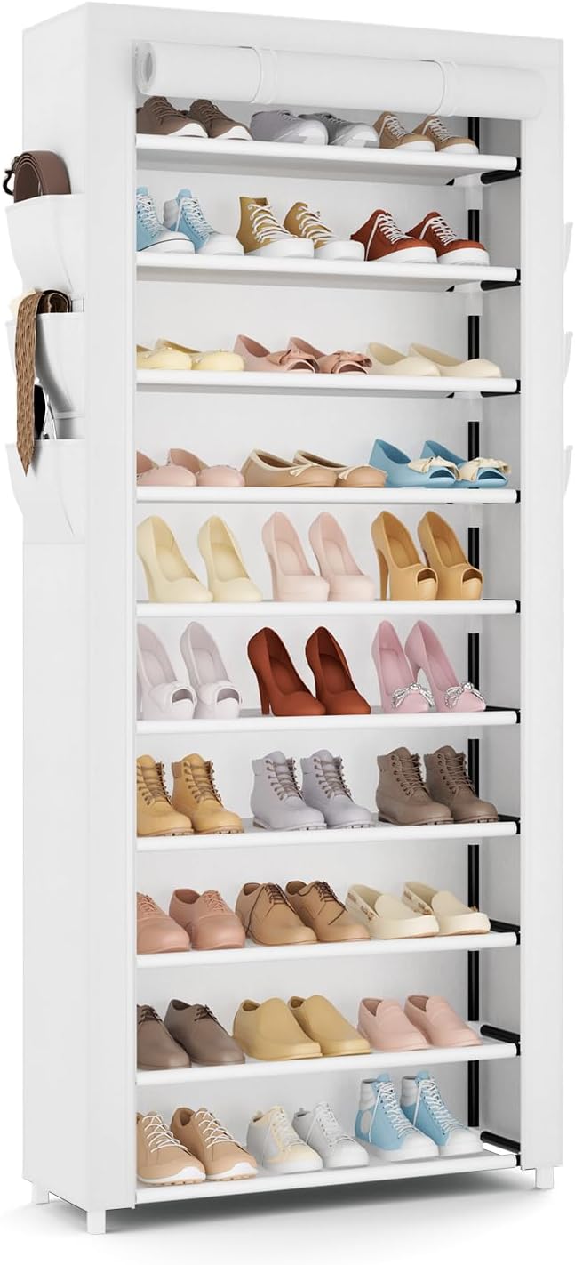 VTRIN Vertical Narrow Shoe Rack Organizer Tall Shoe Rack for Closet Entryway 10 Tier Non-Woven Cover Shoe Shelf Holds 36-41 Pairs Free Standing Shoe Storage Cabinet with Dustproof Cover, White by VTRIN
