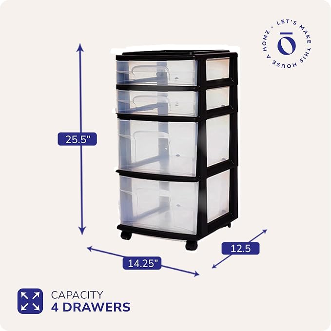 HOMZ Drawer Tower, 4-Tier Clear Plastic Storage Organizer Cart, Black Frame - Multi-Purpose Rolling Drawers with Wheels for Bedroom, Bathroom, and Office Organization - Image 3