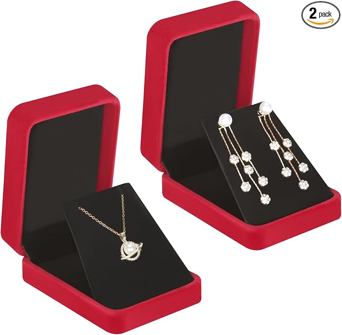 LETURE 2 Pieces Velvet Jewelry Gift Boxes for Necklace Pendant Earring Bracelet, Small Jewelry Storage Display Case for Christmas Wedding Engagement Birthday Anniversary (Red) by LETURE