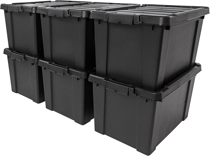 IRIS USA 20 Gallon Lockable Storage Bins with Lids, 6 Pack - Made in USA, Heavy Duty, Stackable Containers, Garage Organizing Bins Moving Tubs, Rugged Sturdy Equipment Utility Box - Black by IRISUSA