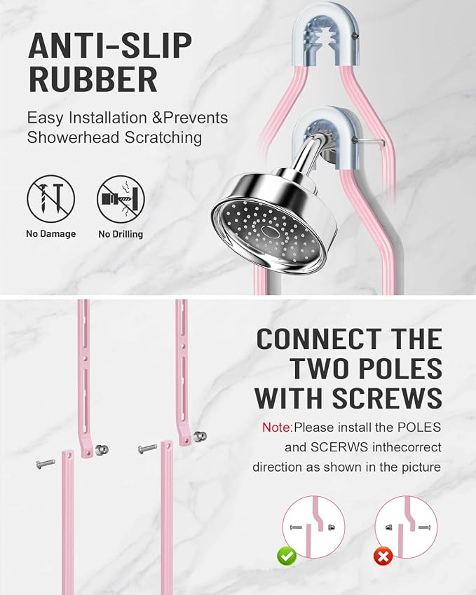 Adjustable Shower Caddy Hanging for Handheld Showerheads - Never Rust Shower Hanging Organizer, Upgraded Bathroom Shower Rack with Soap Basket, Hooks and Toothbrush Holder (Pink) - Image 5