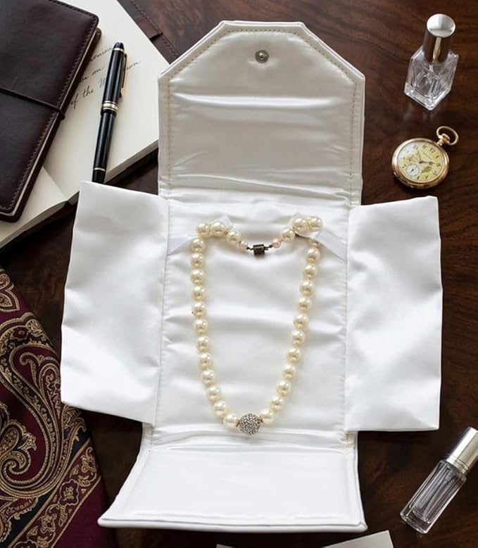 Novel Box Necklace Display Pearl Folder 7x5 inch Small Travel Jewelry Case - Wedding Jewelry Storage Holder with Smooth Finish - Jewelry Organizer Necklace Box - White/White Stitched - Image 4