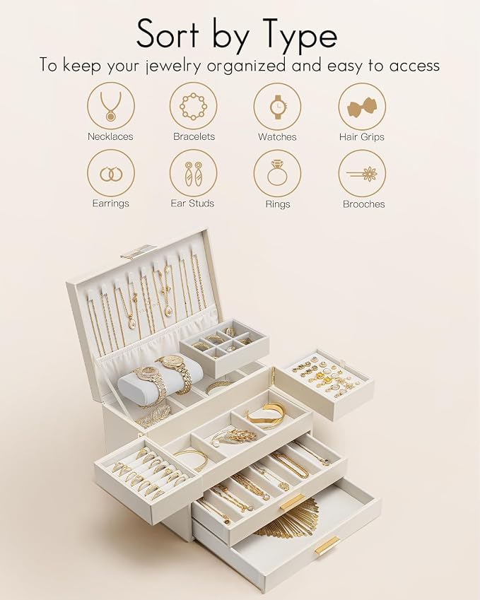 VLANDO 4 Layers Jewelry Box - Women Jewelry Box with Retractable Tray - Jewelry Organizer with Drawer for Necklaces, Rings, Bracelets, Earrings, Valentines Gift for Mom Girls - Cloud White - Image 3