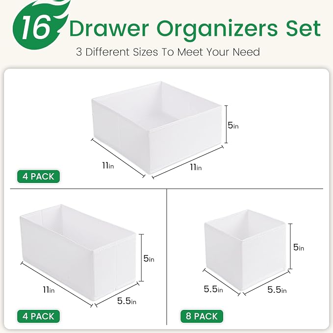 Criusia 16 Pack Underwear Drawer Organizer, Drawer Organizer Clothes, Foldable Cloth Storage Box Closet Dresser Drawer Divider Organizer for Clothes, Scarves (White) - Image 3