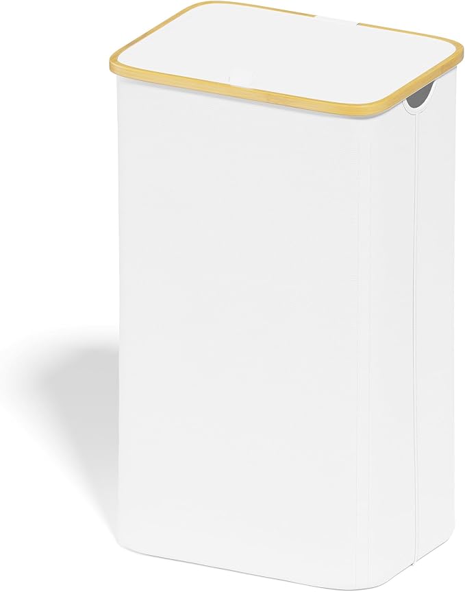 SUOCO Laundry Hamper with Lid, 29 Gal (110L) Clothes Basket with Bamboo Handles, Large Foldable Laundry Hamper for Bedroom, Bathroom, Dorm, Laundry Room - White by SUOCO