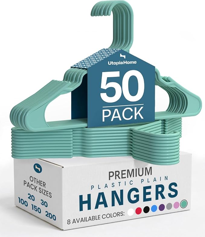 Utopia Home Plastic Hangers 50 Pack, Space Saving Plastic Clothes Hangers for Adults with Built-in Strap Hooks, Essential for Shirts, Pants, Skirts & Coats (Aqua) by UTOPIAHOME