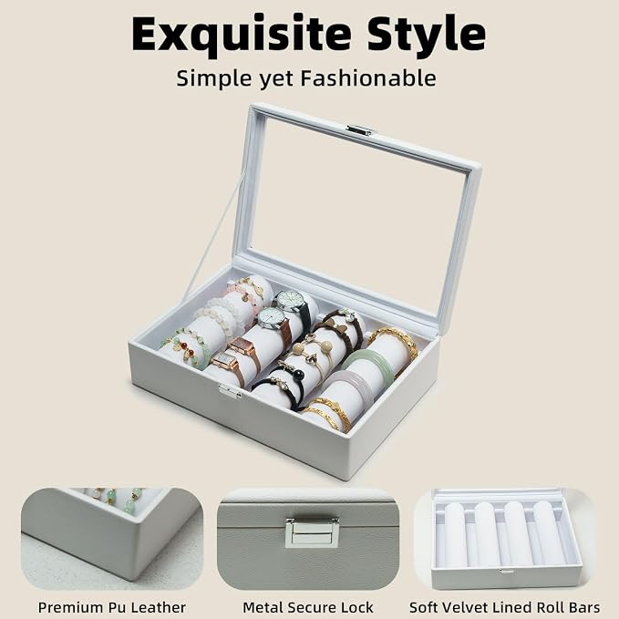 Bracelets Organizer Rods Bangles Display Holder, Clear See through Lid Leather Velvet Jewelry Storage Box Case for Women, 4 Rods White Leather - Image 3