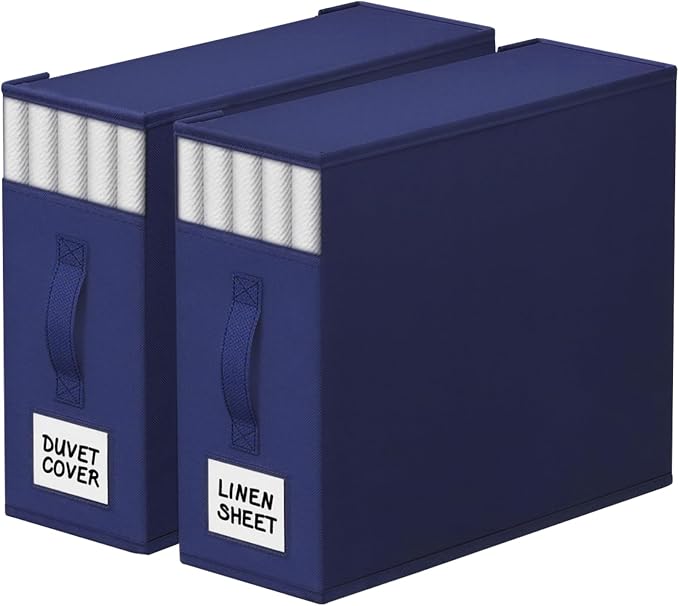 StorageTastic 2 Pack Bed Sheet Closet Organizers and Storage,Sturdy Foldable Storage Containers with Window and Label,Storage and Organization for Bedding Sheets,Duvet Covers,Blankets (Blue) by StorageTastic