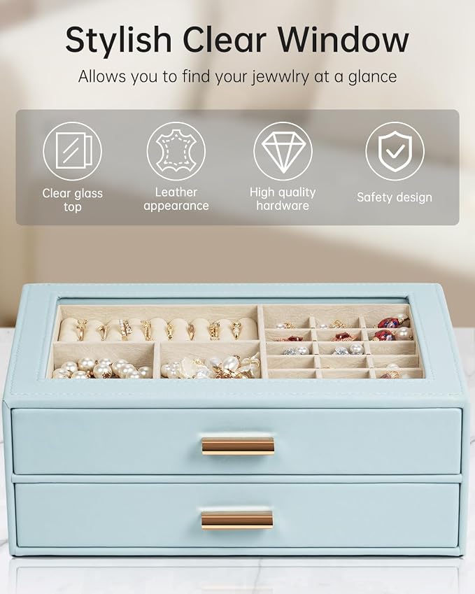 AKOZLIN Jewelry Box with Clear Lid Functional Leather Jewelry Storage Organizer Case 2 Drawers for Women Girls Necklace Ring Bracelet Earring - Image 5