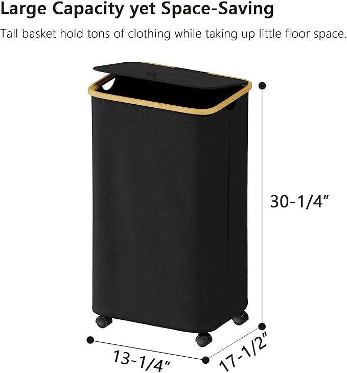 SUOCO Laundry Hamper on Wheels 100L, Clothes Basket with Lid and Bamboo Handles, Foldable Laundry Hamper for Bedroom, Bathroom, Dorm, Laundry Room - Black - Image 5