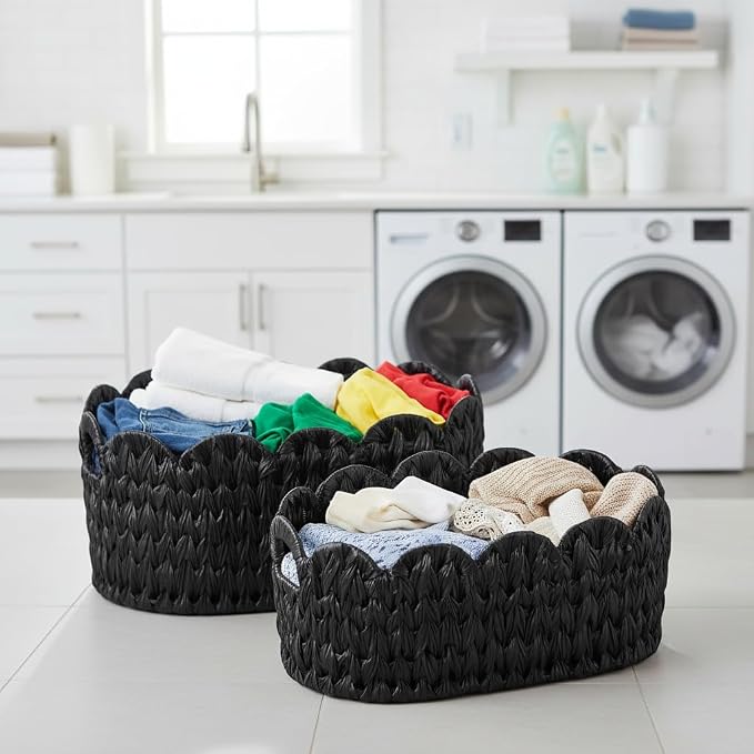 Coeusy Wicker Scalloped Basket Set of 2,Woven Storage Baskets for Shelves,Closet,Laundry,Gift,Towels,Books,Toys,Waterproof Decor Basket for Organizing,Black Oval - Image 5