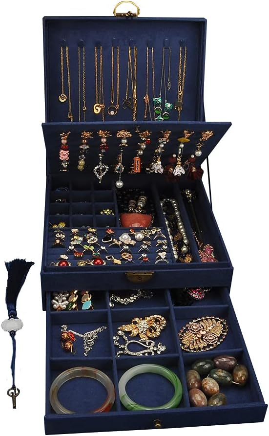 Women Jewelry Box Lockable 3 Layers Large Jewelry Organizer Storage Case for Earrings Necklaces Rings Bracelets,Green Display Jewel Holder (Navy) by GYJOYERO
