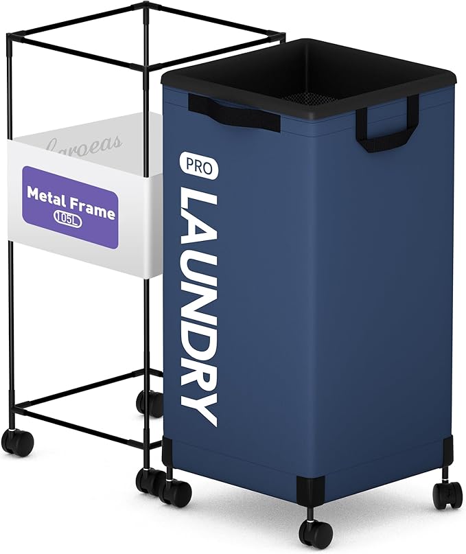 Caroeas Next-Gen 105L Matel Frame Laundry Basket with wheels, Heavy Duty Tall Rolling Laundry Hamper with Removable Wash Bag, Collapsible Freestanding Clothes Hamper (105L,Navy Blue,1Pack) by Caroeas