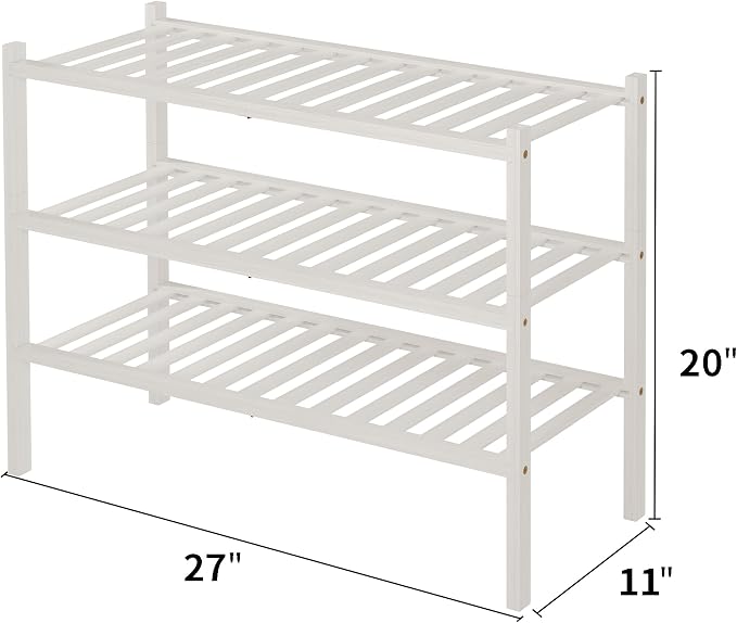 ROMGUAR CRAFT 3 Tier Bamboo Shoe Rack for Closet Free Standing Wood Shoe Shelf Storage Organizer for Entryway Small Space Stackable 27"x11"x20" (White) - Image 3