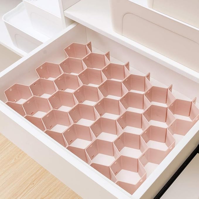 Poeland Drawer Divider Organizer Adjustable DIY Grid Honeycomb Drawer Divider for Underwear Belt Scarf Socks Pink 2 Pack - Image 2