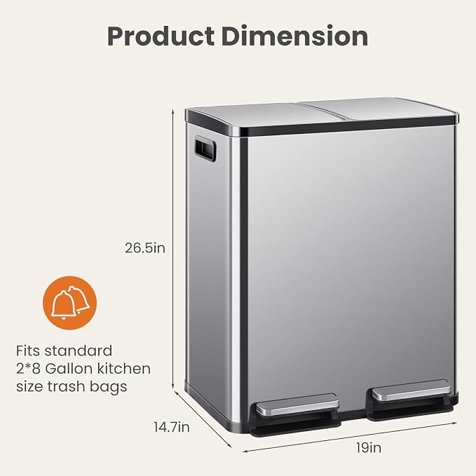 DUMOS Kitchen Trash Can, 2×8-Gallon Garbage Can with Lid, Stainless Steel Trash Bin with 2 Removable Inner Buckets, Soft-Close Foot Pedal, Fingerprint-Resistant for Kitchen Home Office - Image 4
