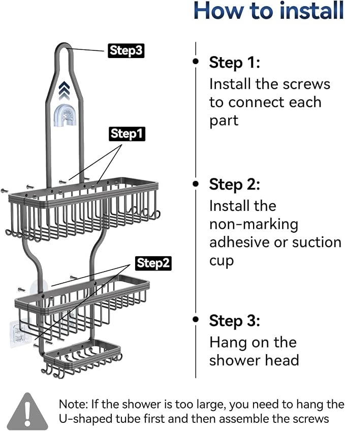 YASONIC Shower Caddy Hanging - Never Rust Organizer - Aluminum over The head caddy with 10 Hooks for Razor/Sponge - Shower Rack with Soap Basket - Grey - Image 7