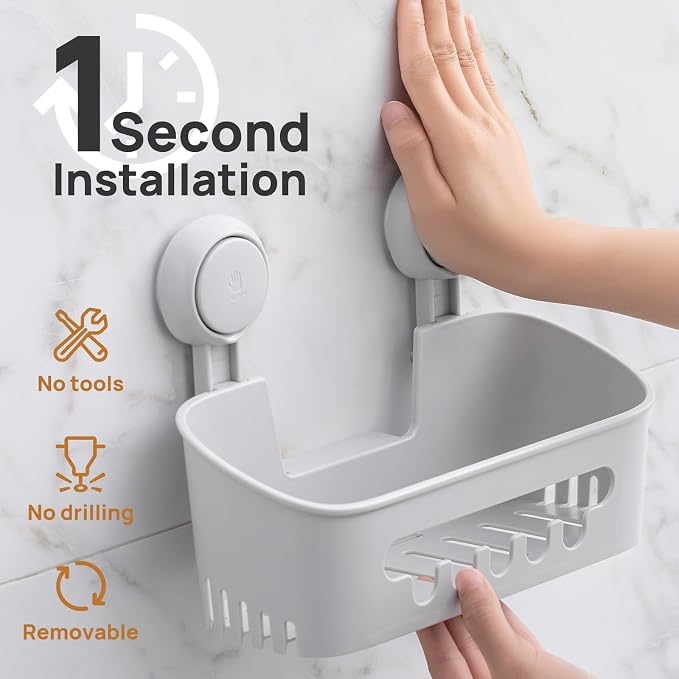 LEVERLOC Shower Caddy Suction Cup, Shower Organizer Removable Bathroom Shelf, Storage for Inside Shower Powerful Suction Max Hold 22lbs Waterproof Holder, Gray - Image 2