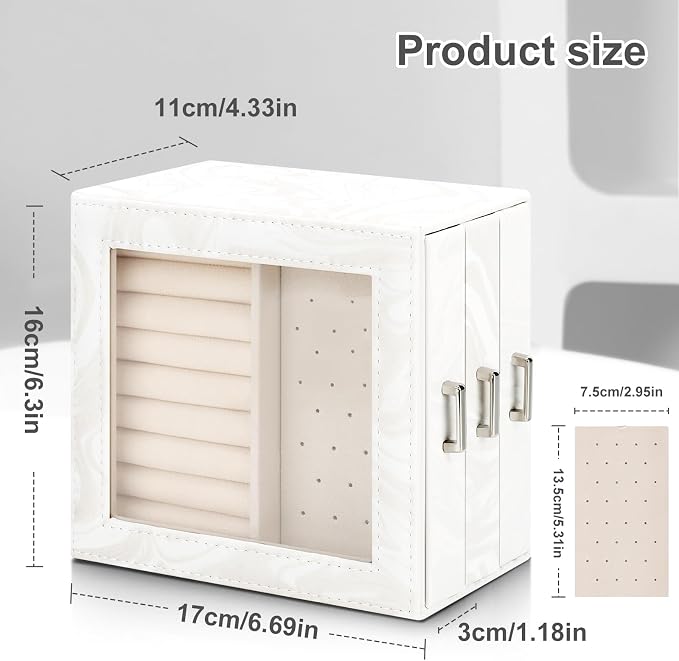 DesignSter Jewelry Box Organizer, Jewelry Box for Women, PU Jewelry Organizer Display Case with Side Drawers, Jewelry Storage for Earring Necklace Ring Bracelet Watch - Image 3