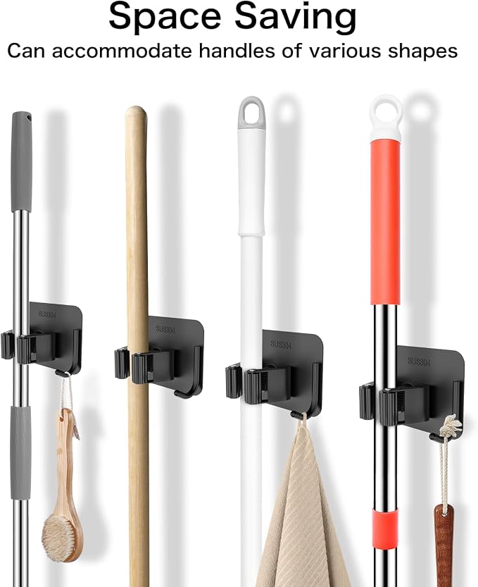 nacena 4 Pack No Drill Self Adhesive Broom Mop Holder Wall Mount with Hooks, Heavy Duty Stainless Steel Organizer for Kitchen Bathroom Garage Storage, Black - Image 8
