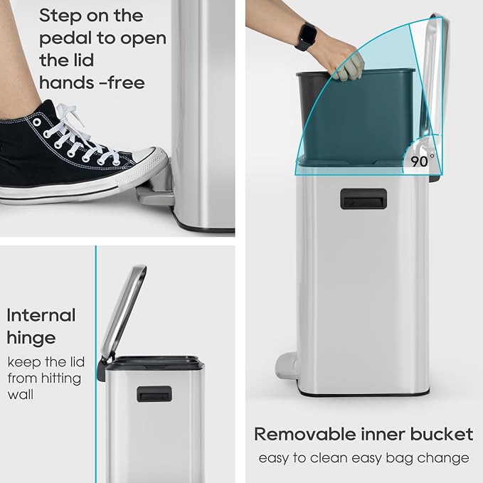 FDW | 10 Gallon Trash Can with Lid | Stainless Steel | Fingerprint-Proof | Made of Stainless Steel | Soft-Close Step Pedal | Hands-Free Use | Easy to Clean | for Kitchen, Office, Bathroom - Image 3