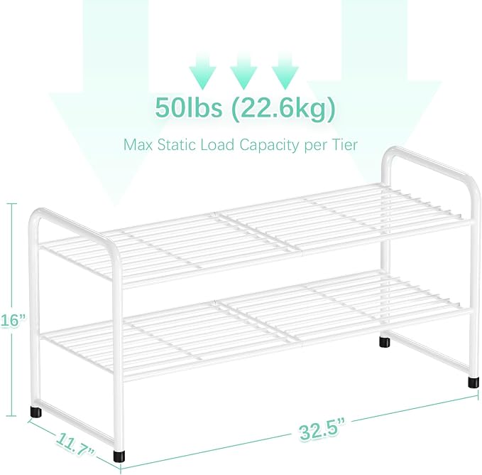 SUFAUY 2-Tier 33" Wide Shoe Rack, Closet Metal Wire, Stackable, White - Image 3