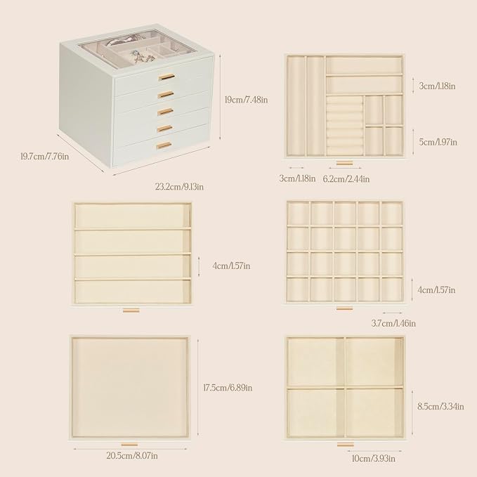 Jewelry Box with Glass Lid, 5-Layer Jewelry Organizer for Women Girls, PU Leather Display Case with 20-Grid Earring Tray & Movable Dividers for Necklaces Rings - Cloud White - Image 3