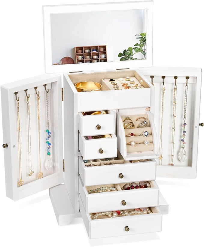 Jewelry Box for Women, Rustic Wooden Jewelry Boxes & Organizers with Mirror & Drawers,6 Layer Jewelry Organizer Box for Rings Earrings Necklaces Bracelets ((Weathered White) by Yoimori