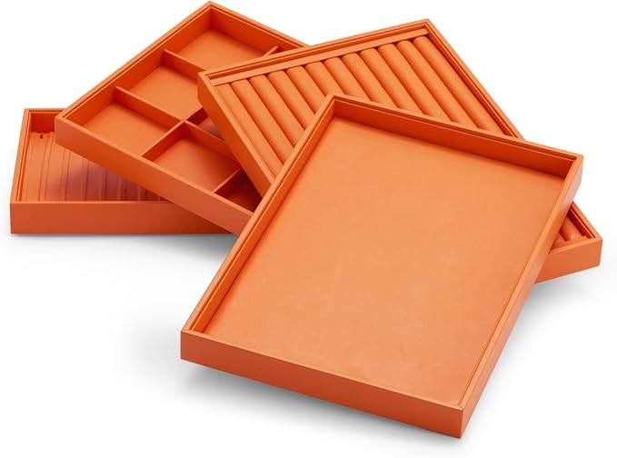 Oirlv Luxury Orange Leather Jewelry Tray Stackable Flat Jewelry Drawer Organizer Earrings Rings Bracelets Storage - Image 4