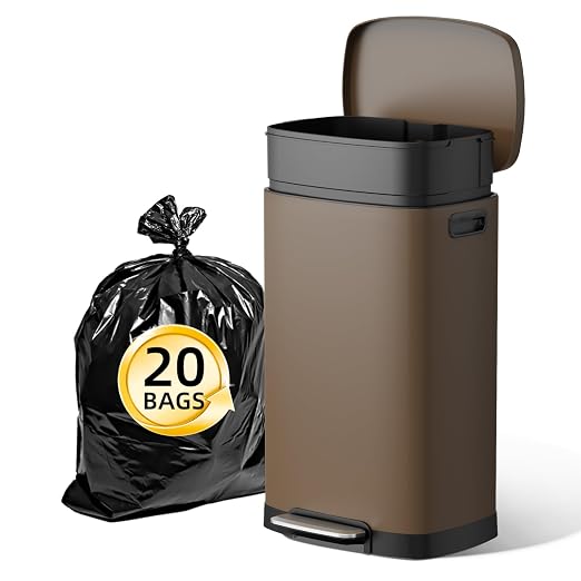 KUK 13 Gallon Kitchen Trash Can with Lid, 50L/13Gal Office Step Garbage Can for Home, Kitchen, Laundry Room, Office, Brushed Stainless Steel, Brown by KUK