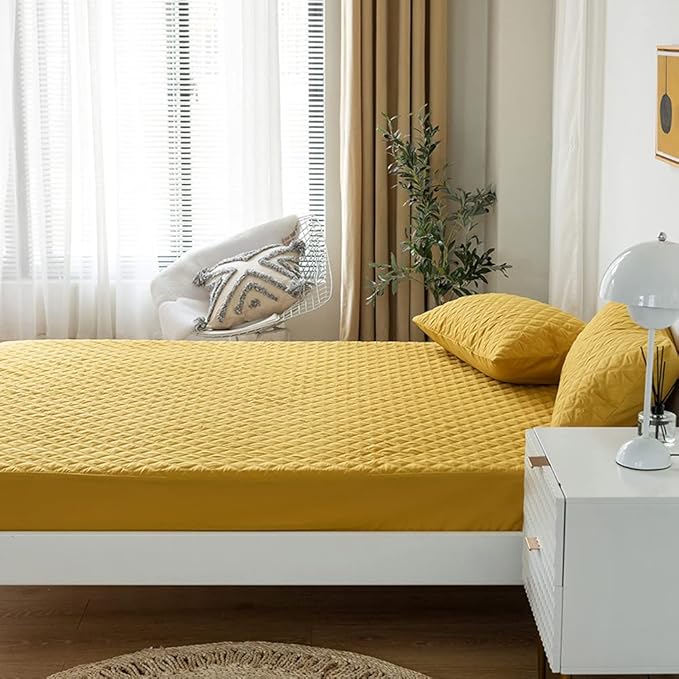 vctops Quilted Fitted Sheet Waterproof Mattress Protector Pad Ultra Soft Elastic Fitted Deep Pocket Bed Cover (Yellow,Queen)